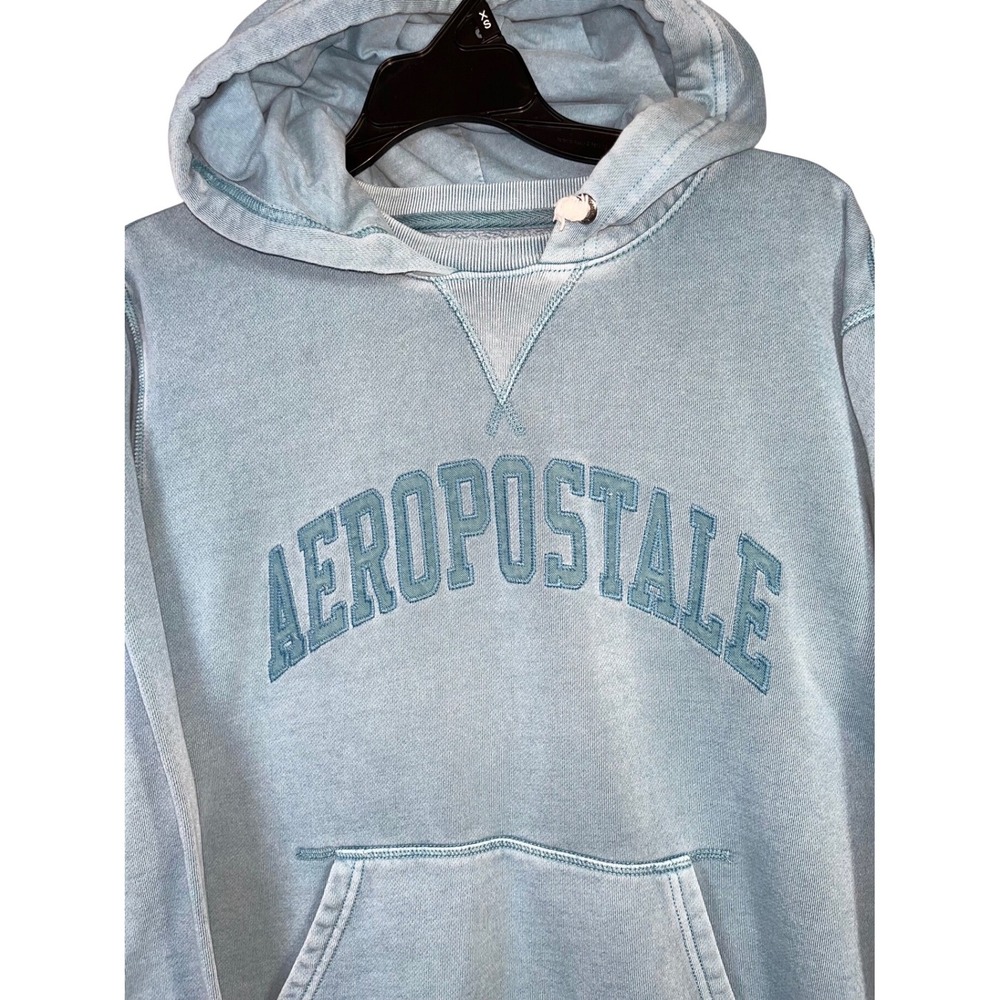 Aeropostale Hoodie Mens M Light Blue Good Acid Wash Logo Pullover Sweatshirt